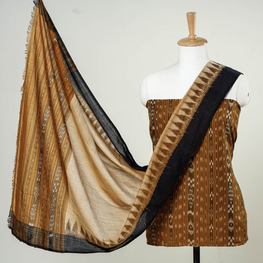 Brown - 3pc Sambalpuri Ikat Weave Handloom Cotton Suit Material Set