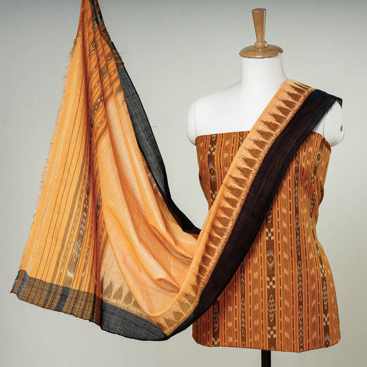 Yellow - 3pc Sambalpuri Ikat Weave Handloom Cotton Suit Material Set