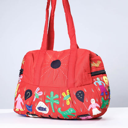 Red - Pipli Applique Work Cotton Shoulder Bag