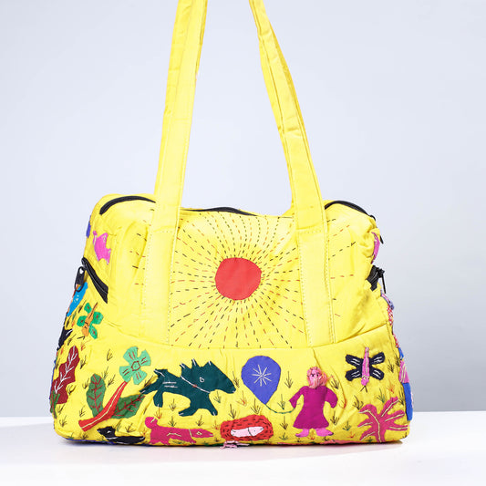 Yellow - Pipli Applique Work Cotton Shoulder Bag