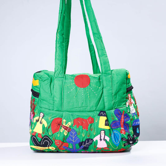 Green - Pipli Applique Work Cotton Shoulder Bag