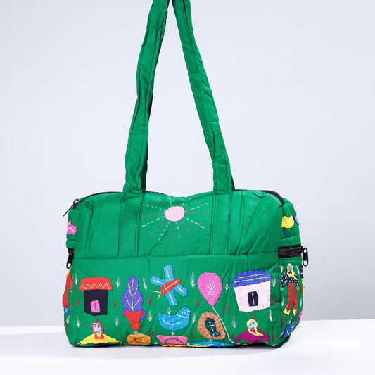 Green - Pipli Applique Work Cotton Shoulder Bag