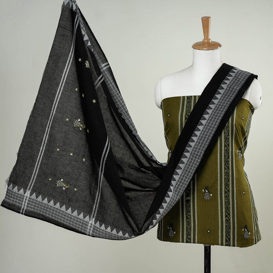 Green - 3pc Sambalpuri Ikat Weave Handloom Cotton Suit Material Set