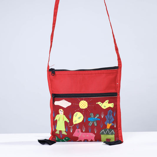 Red - Pipli Applique Work Cotton Sling Bag