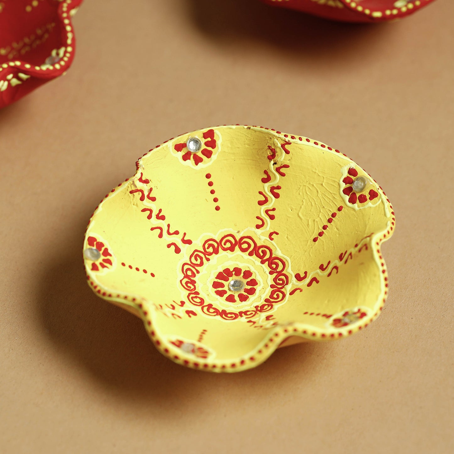 Flower - Festive Decor Handpainted Beadwork Clay Diyas (Set of 4)