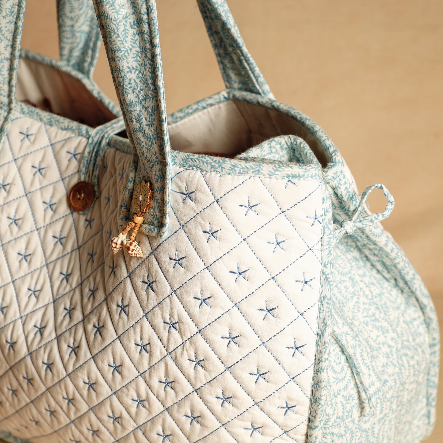 White - Handcrafted Embroidered Sanganeri Quilted Cotton Tote Bag