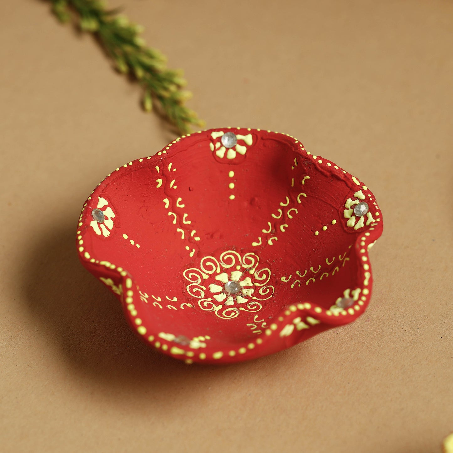 Flower - Festive Decor Handpainted Beadwork Clay Diyas (Set of 4)