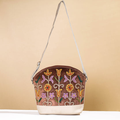 Brown - Original Crewel Hand Embroidery Leather & Velvet Sling Bag