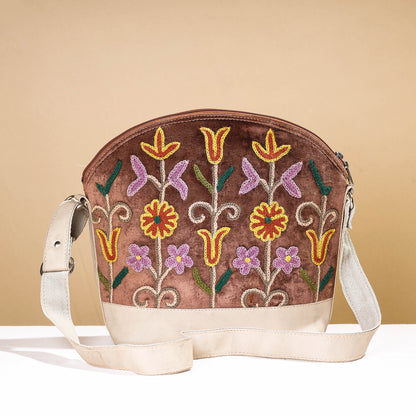 Brown - Original Crewel Hand Embroidery Leather & Velvet Sling Bag