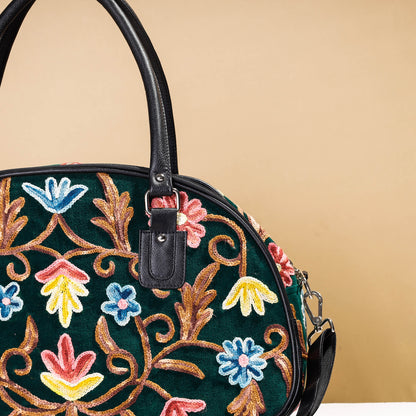 Original Crewel Hand Embroidery Leather & Velvet Travel Bag