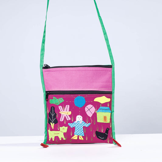 Pink - Pipli Applique Work Cotton Sling Bag