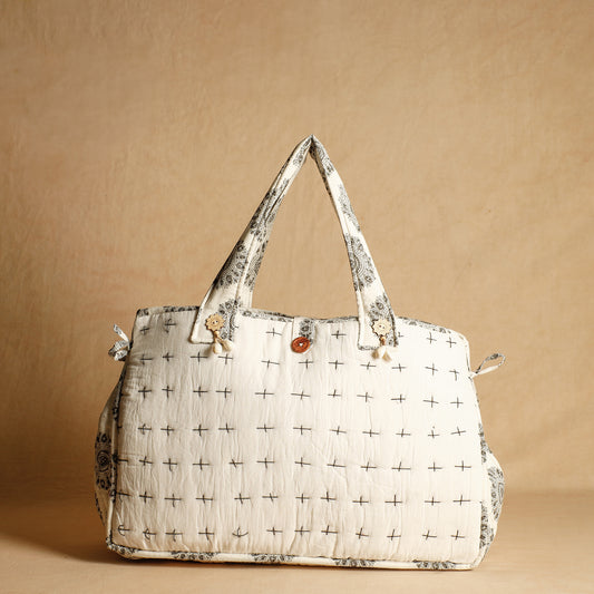 White - Handcrafted Embroidered Sanganeri Quilted Cotton Tote Bag