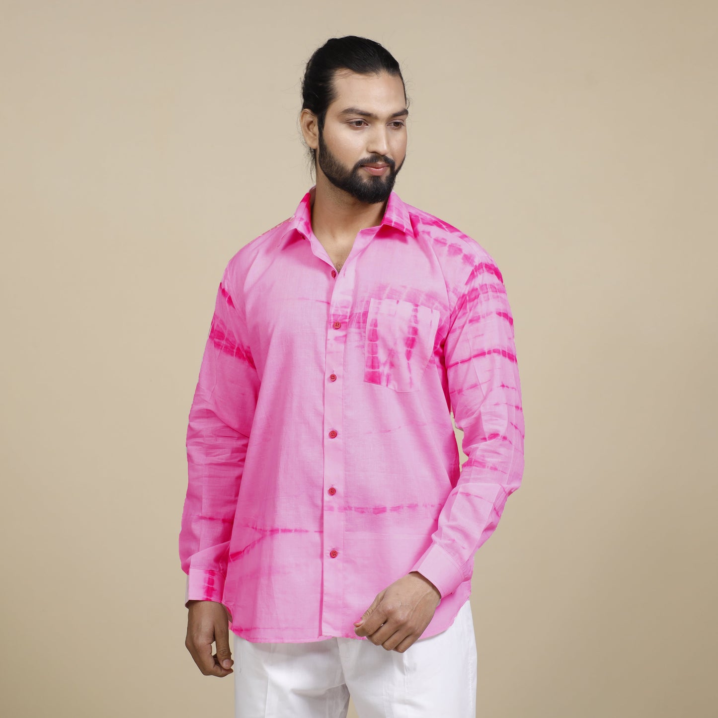 Baby Pink - Shibori Tie-Dye Cotton Men Full Sleeve Shirt