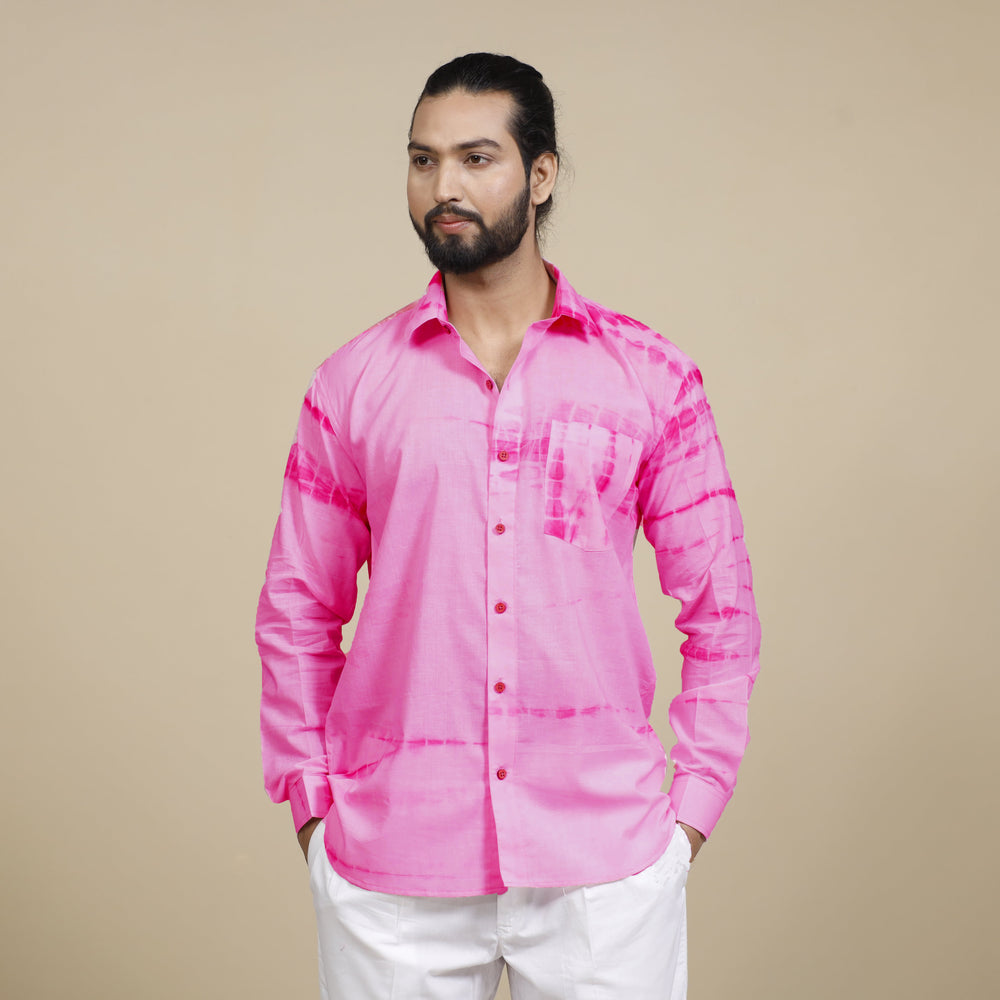 Baby Pink - Shibori Tie-Dye Cotton Men Full Sleeve Shirt