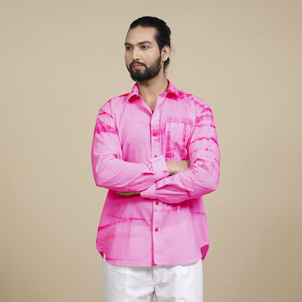 Baby Pink - Shibori Tie-Dye Cotton Men Full Sleeve Shirt