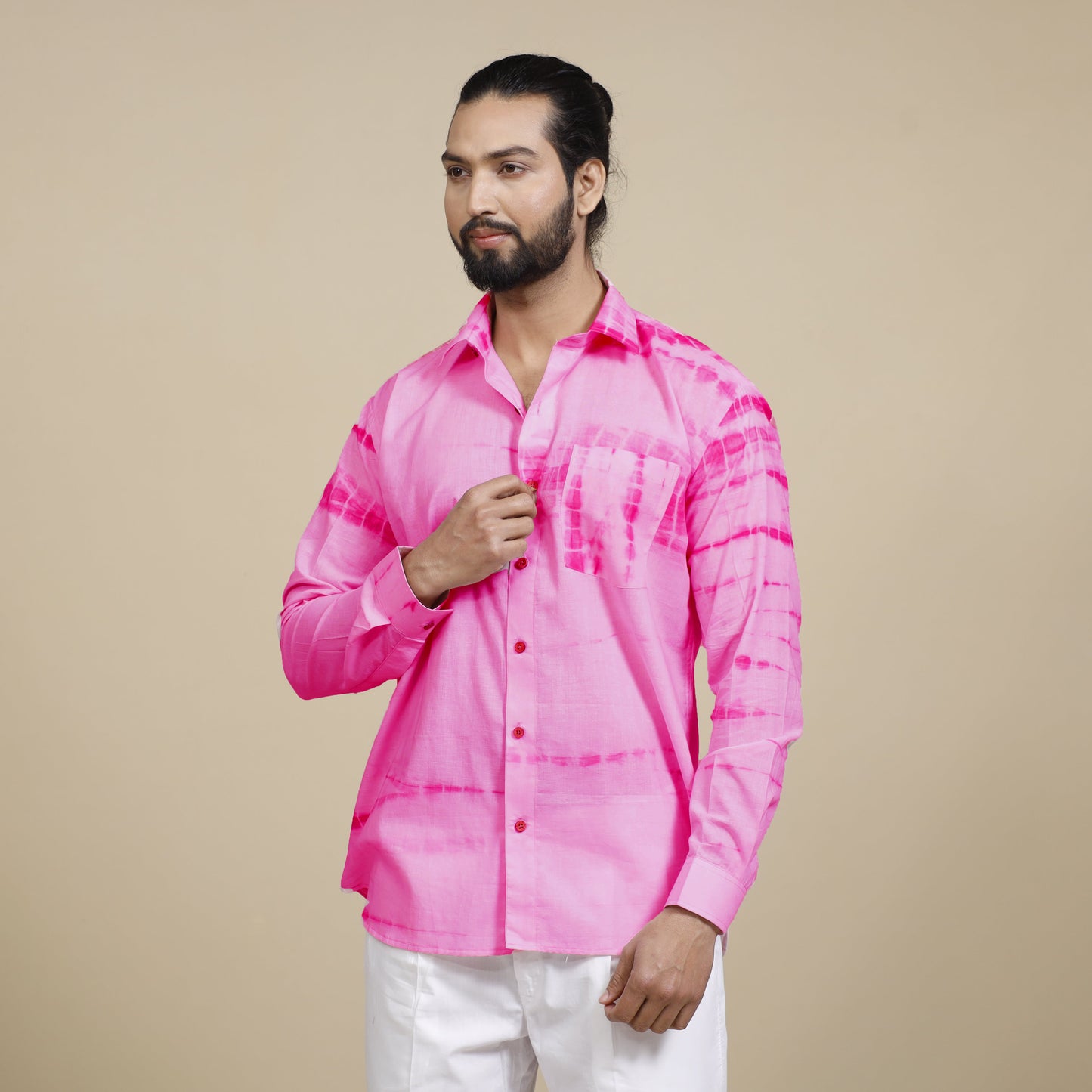 Baby Pink - Shibori Tie-Dye Cotton Men Full Sleeve Shirt