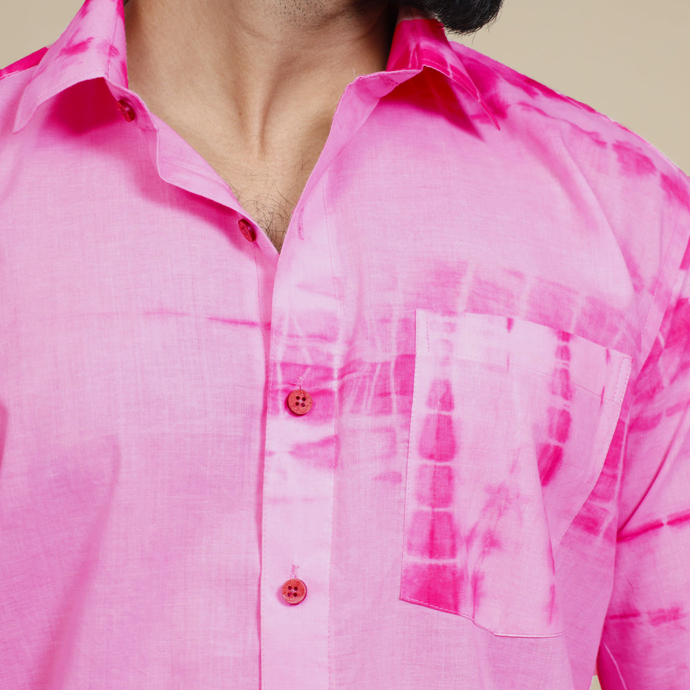 Baby Pink - Shibori Tie-Dye Cotton Men Full Sleeve Shirt