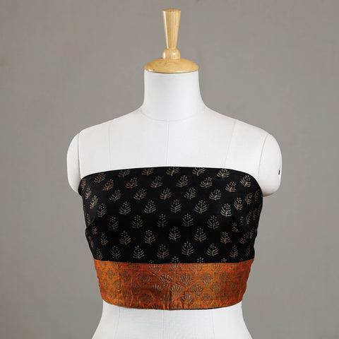 Black - Sanganeri Gold Block Printed Rayon Blouse Piece