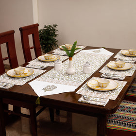 White Sanganeri Print Cotton Table Runner with Mats & Napkins