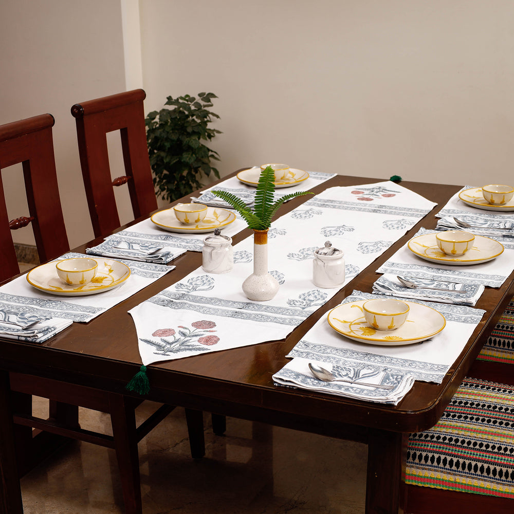 Sanganeri Block Printed Cotton Dining Table Runner, Mats (Set of 6) & Napkins (Set of 6)