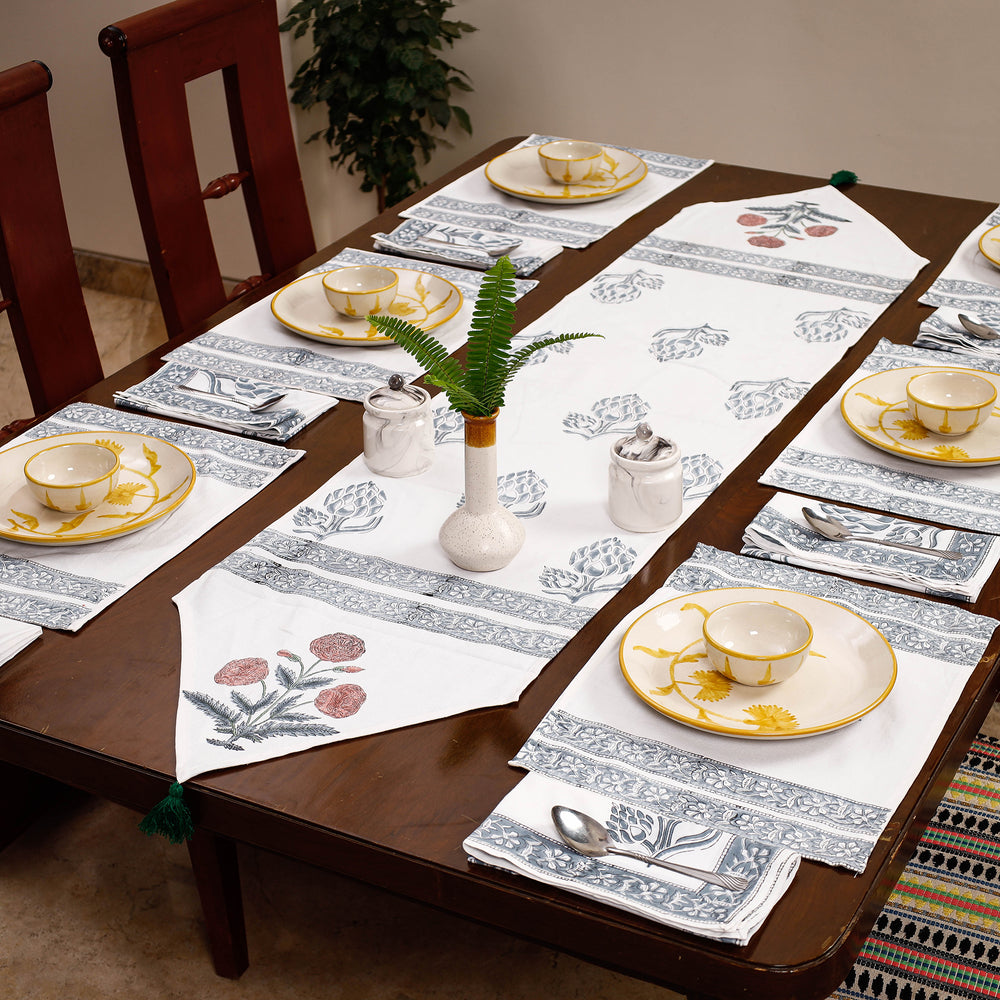 Sanganeri Block Printed Cotton Dining Table Runner, Mats (Set of 6) & Napkins (Set of 6)