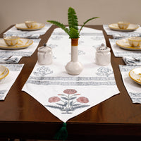 Sanganeri Block Printed Cotton Dining Table Runner, Mats (Set of 6) & Napkins (Set of 6)