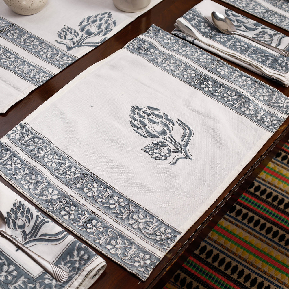 Sanganeri Block Printed Cotton Dining Table Runner, Mats (Set of 6) & Napkins (Set of 6)