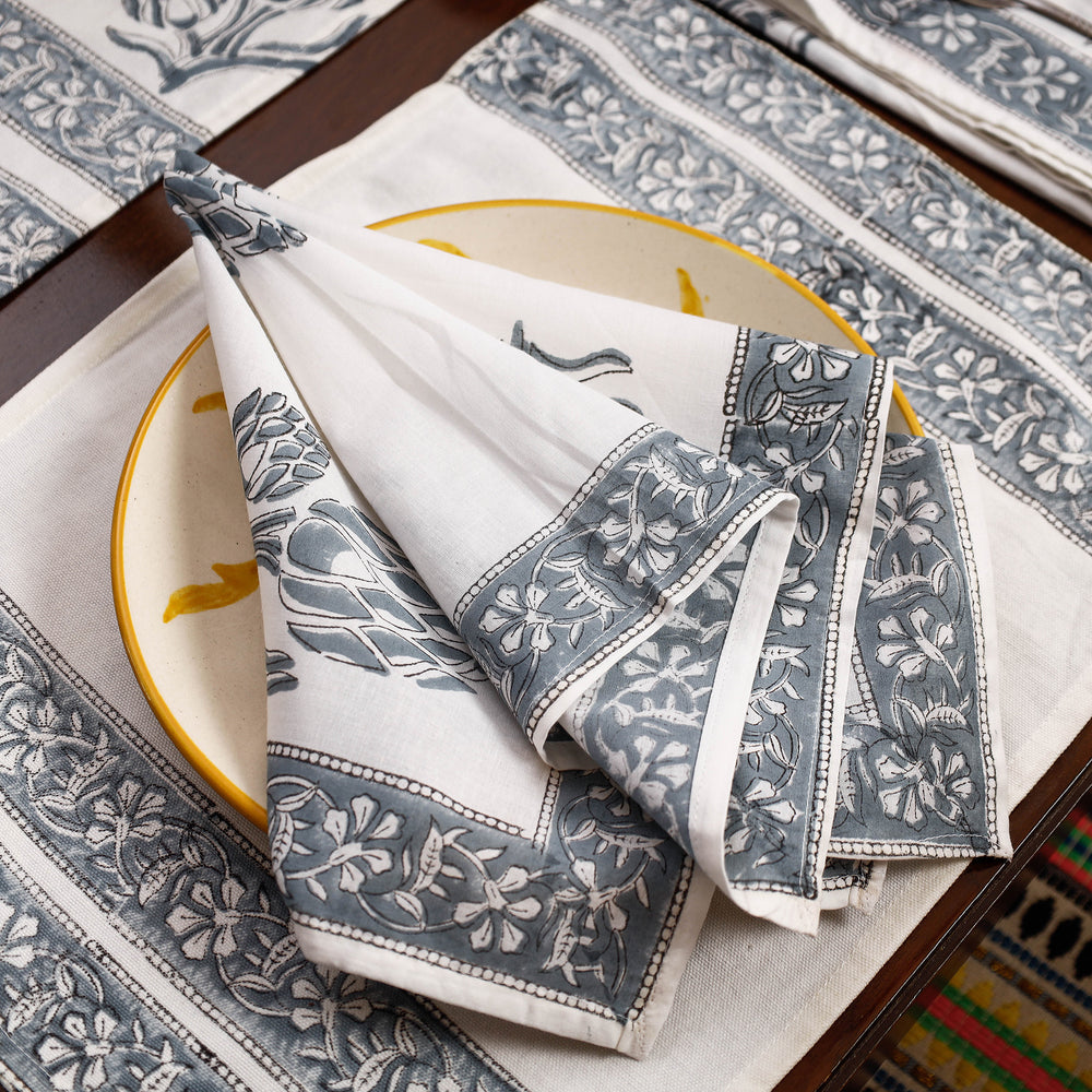 Sanganeri Block Printed Cotton Dining Table Runner, Mats (Set of 6) & Napkins (Set of 6)