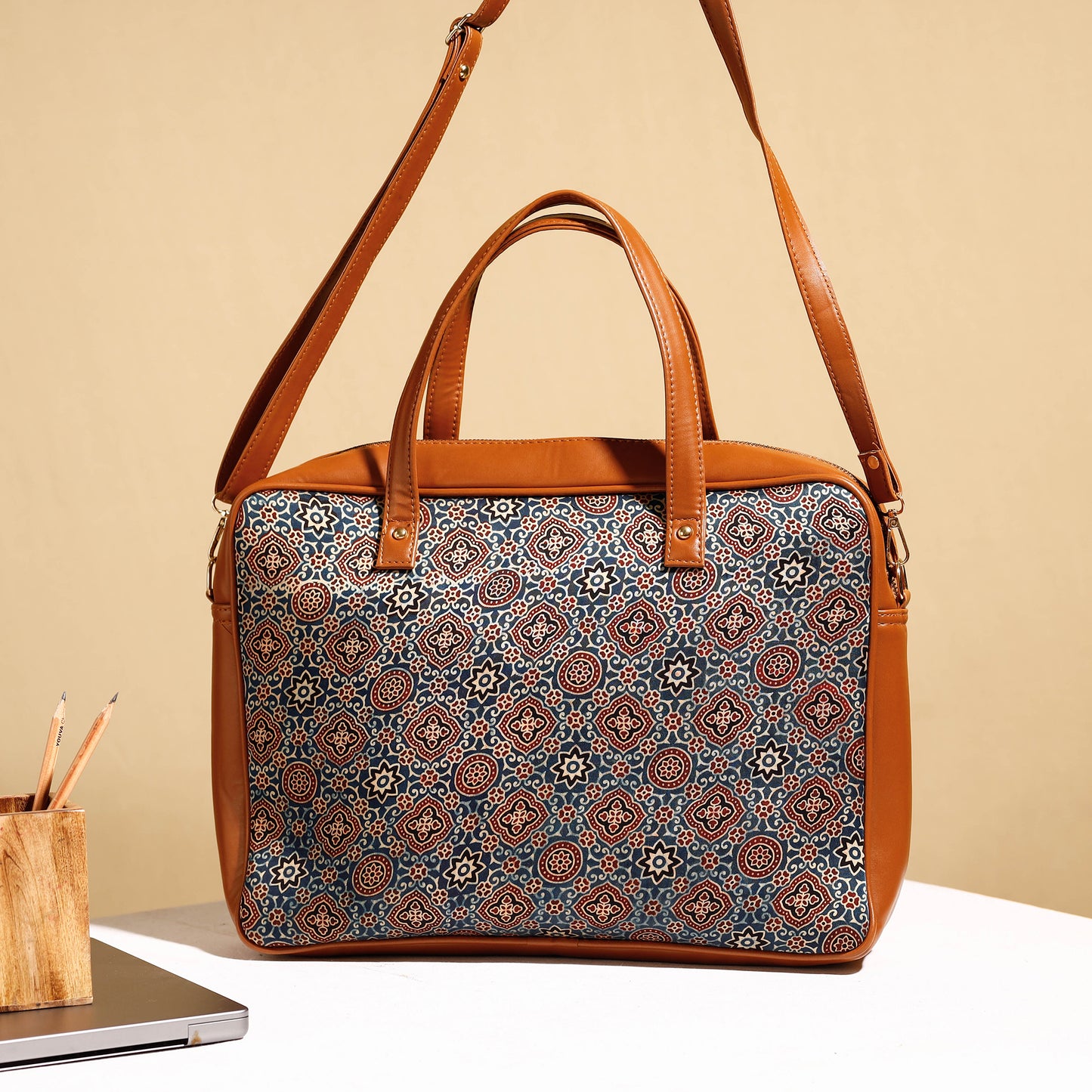 Handcrafted Ajrakh Block Printed Modal Silk Laptop Bag (15 x 13 in)