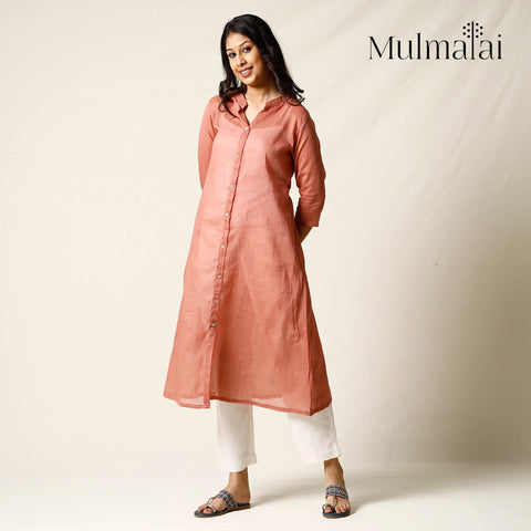 Dark Peach - Mulmalai Cotton Plain Dyed A-Line Long Kurta 23