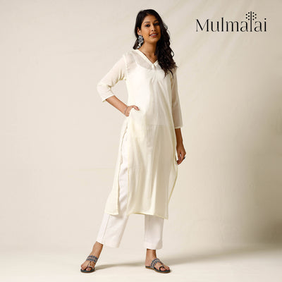 Light Yellow - Mulmalai Cotton Plain Dyed Long Kurta