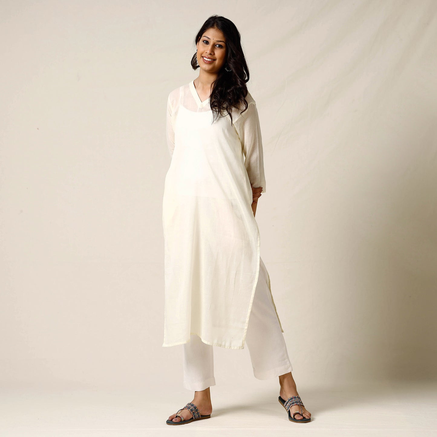 Light Yellow - Mulmalai Cotton Plain Dyed Long Kurta