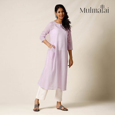 Light Purple - Mulmalai Cotton Plain Dyed Long Kurta 29