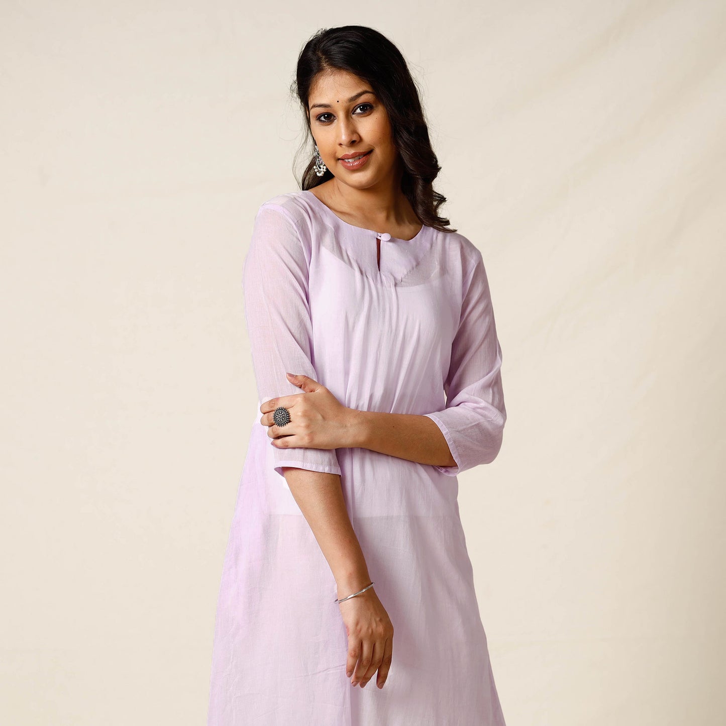 Light Purple - Mulmalai Cotton Plain Dyed Long Kurta 29