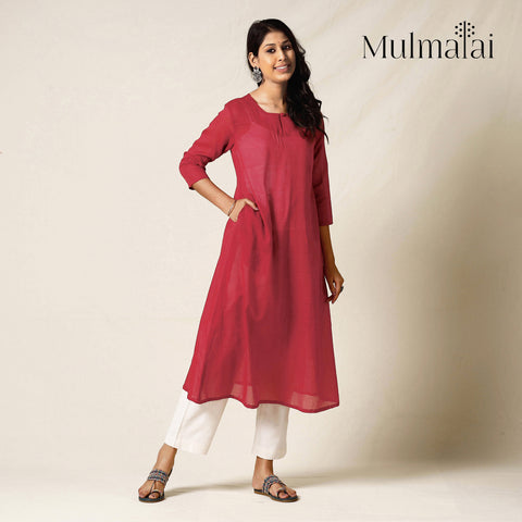 Dark Red - Mulmalai Cotton Plain Dyed A-Line Long Kurta 30