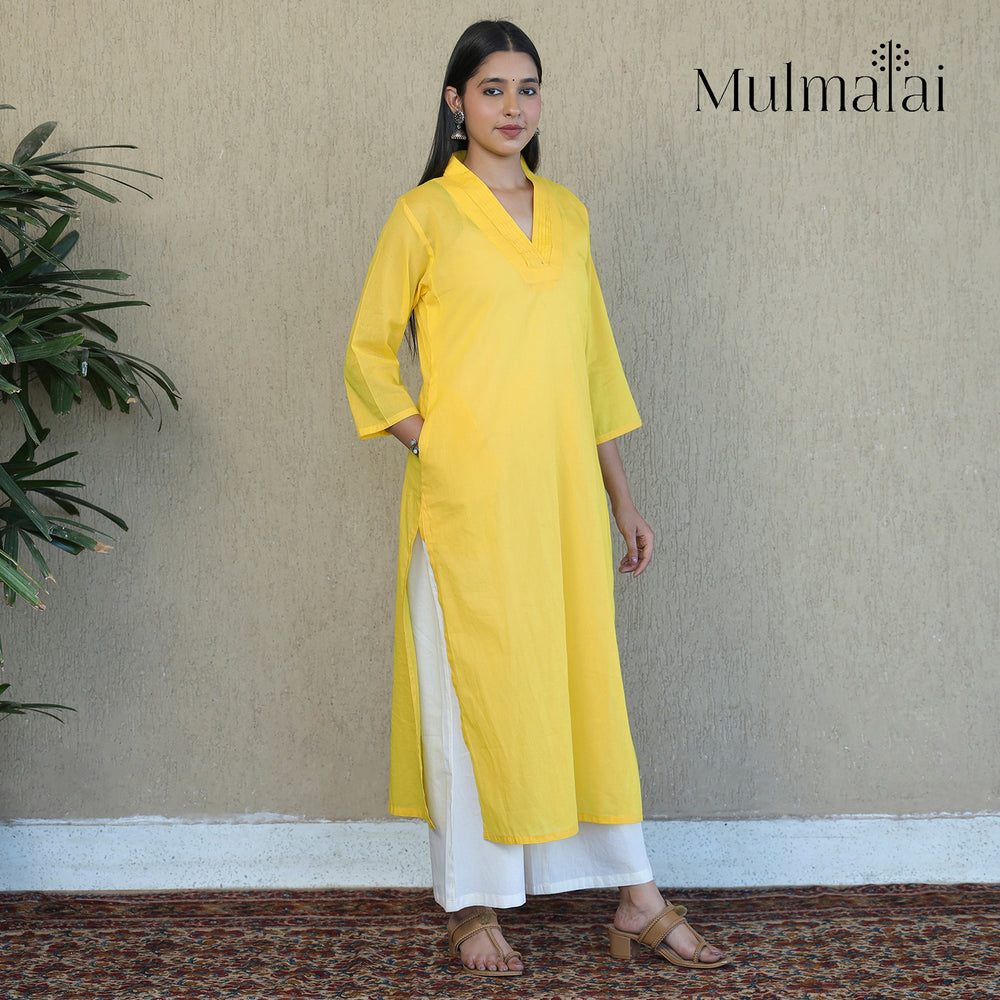 Yellow - Mulmalai Cotton Plain Dyed Straight Kurta