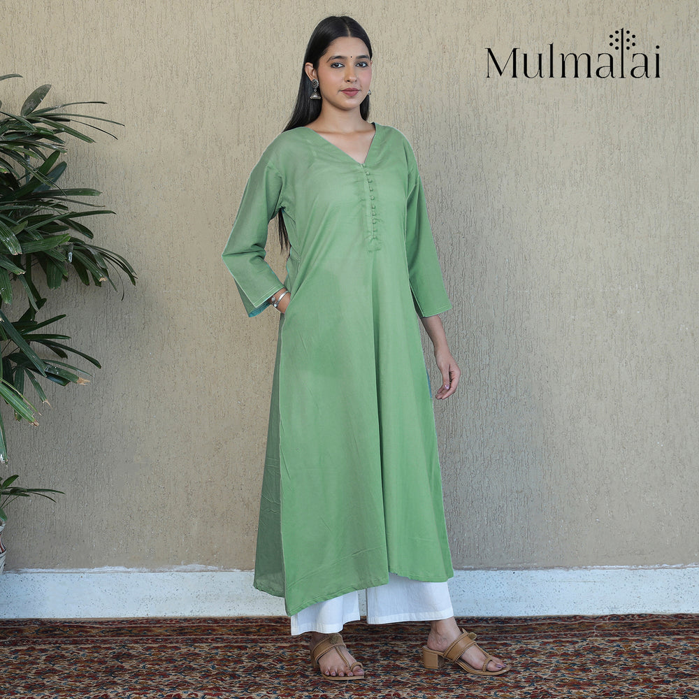 Forest Green - Mulmalai Cotton Plain Dyed A-Line Kurta