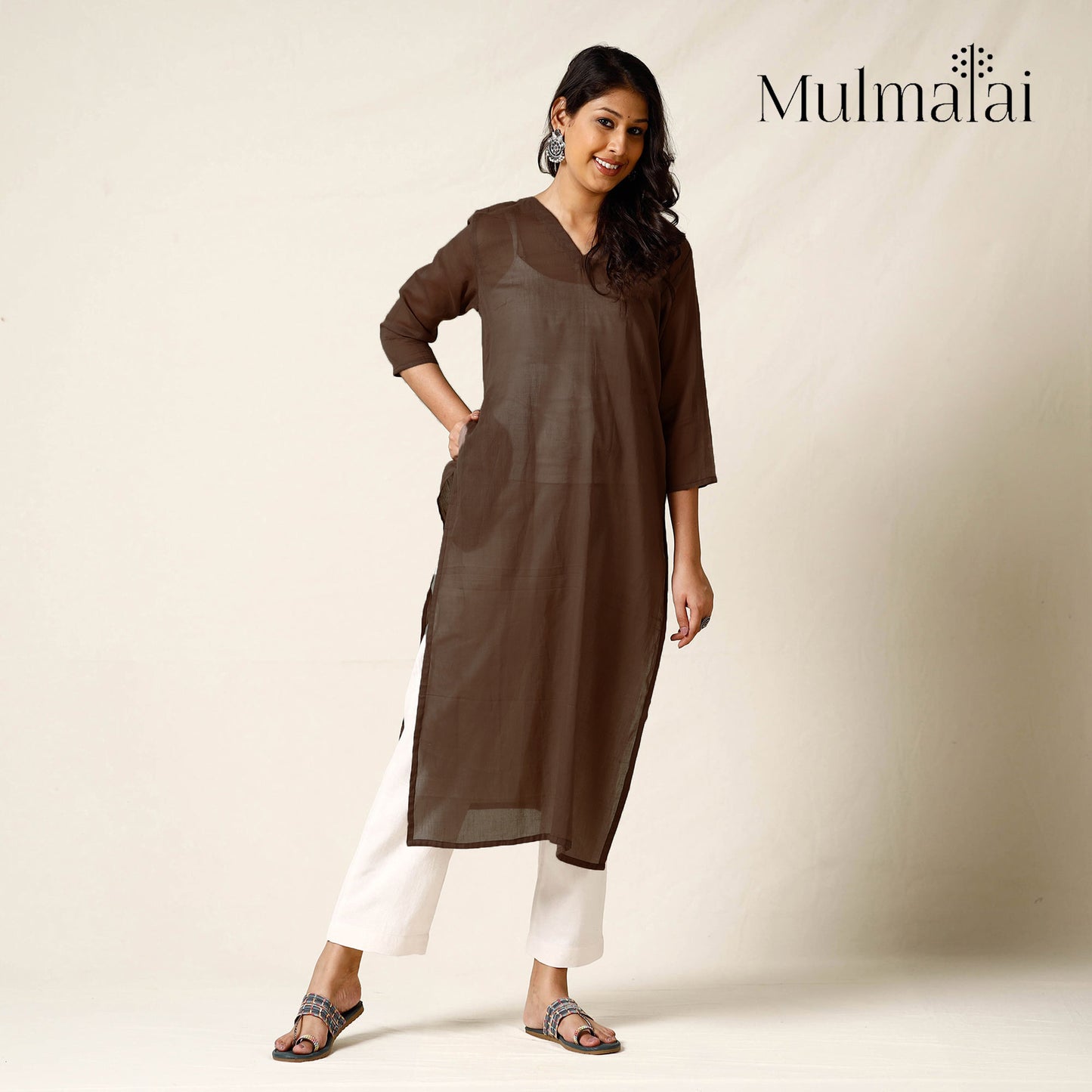 Brown - Mulmalai Cotton Plain Dyed Straight Long Kurta 31