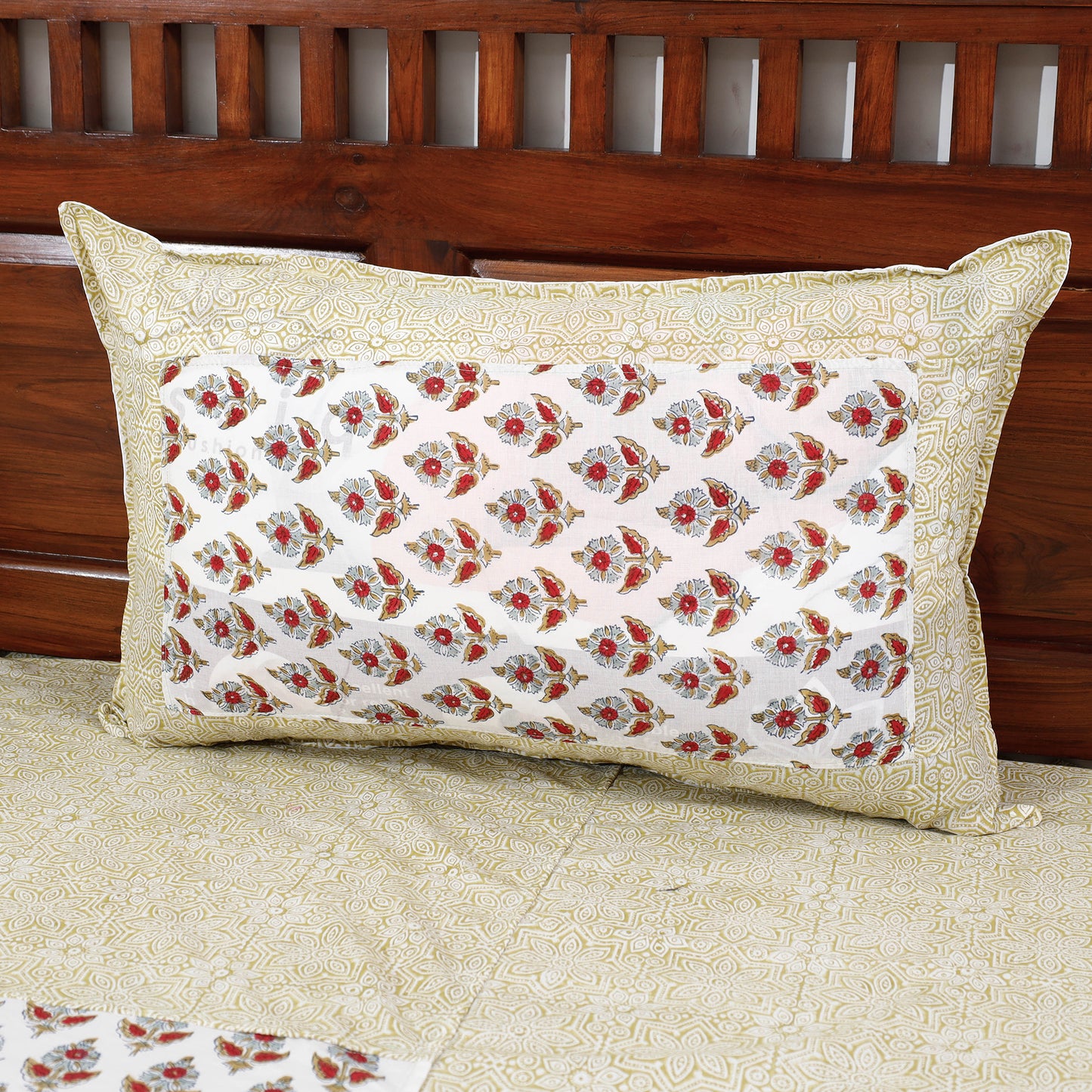 Beige - Sanganeri Block Printed Patchwork Cotton Bed Cover With Pillow Cover  (108 x 90 in)