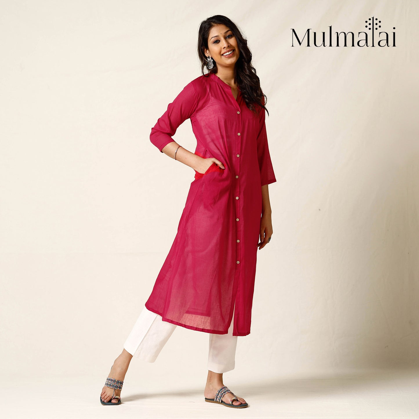 Dark Pink Mulmalai Cotton Plain Dyed Long Kurta