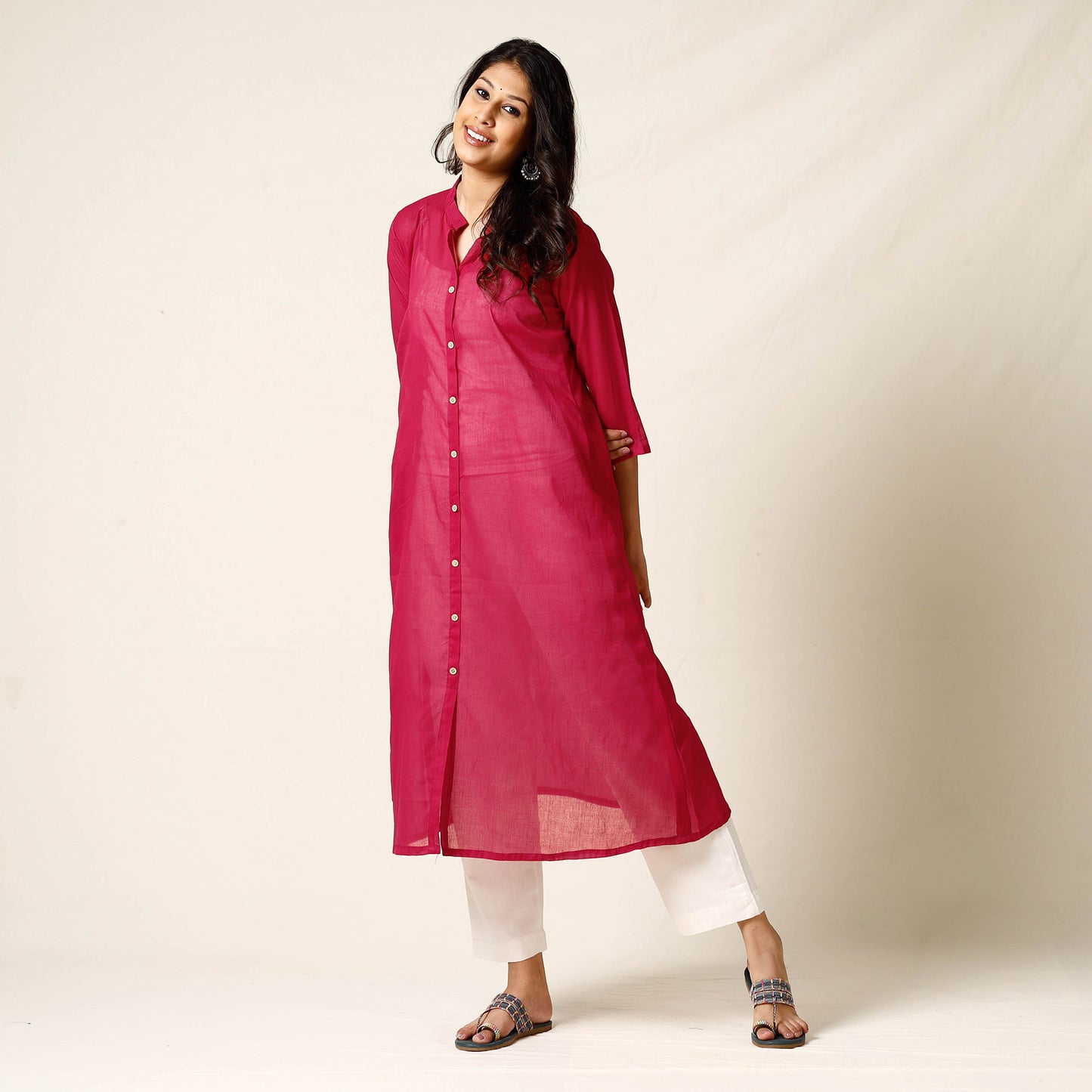 Dark Pink Mulmalai Cotton Plain Dyed Long Kurta