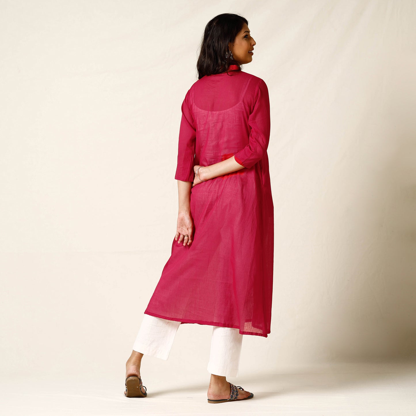 Dark Pink Mulmalai Cotton Plain Dyed Long Kurta