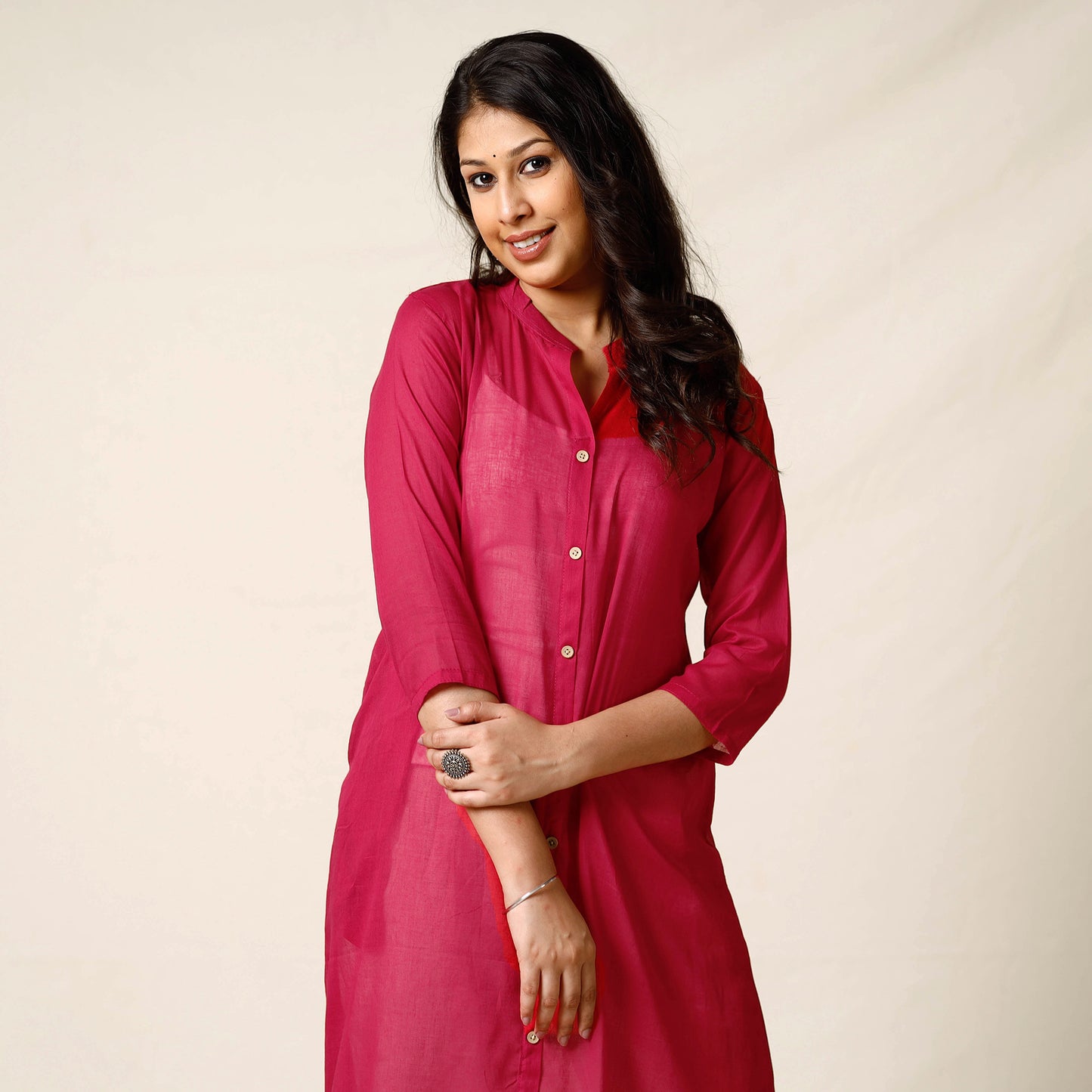 Dark Pink Mulmalai Cotton Plain Dyed Long Kurta