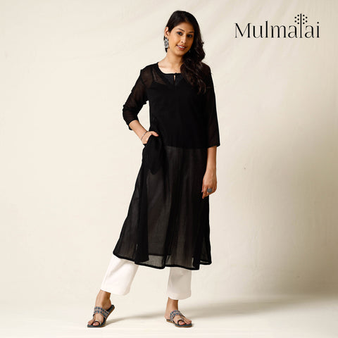 Black - Mulmalai Cotton Plain Dyed A-Line Long Kurta 32