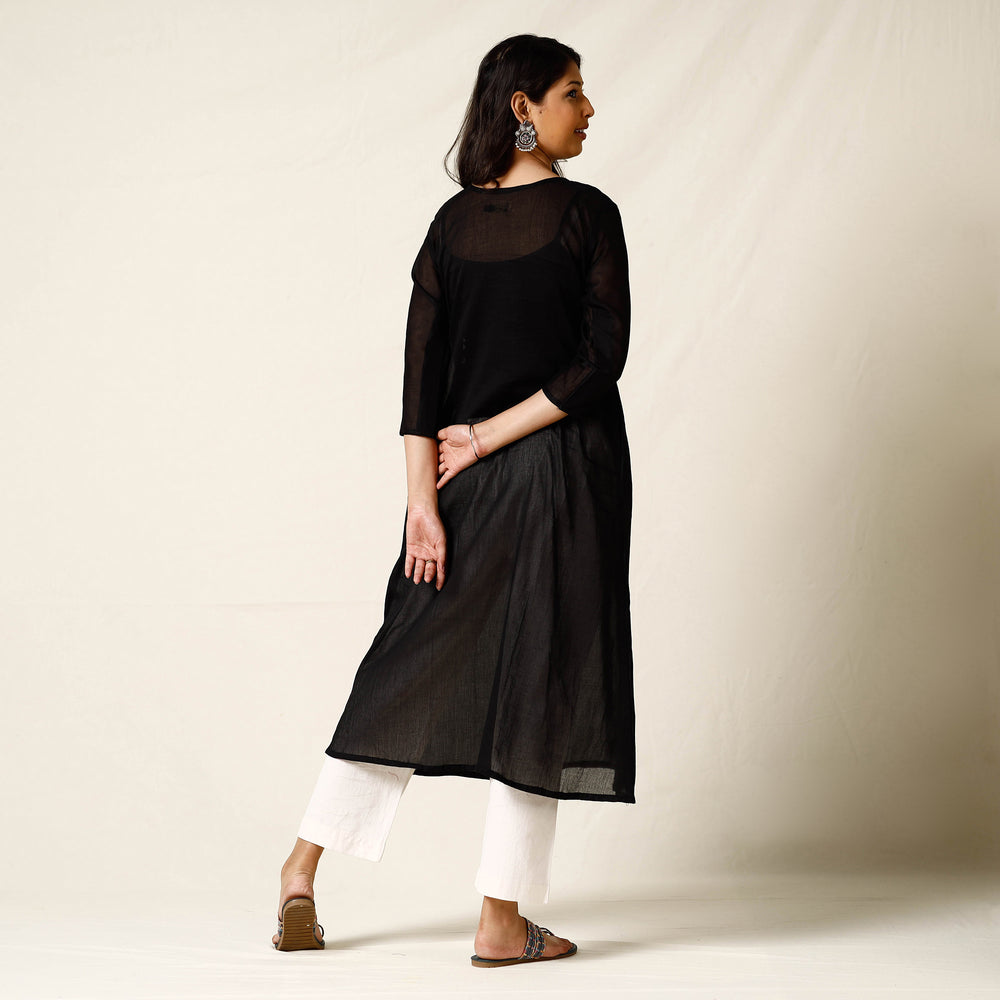 Black - Mulmalai Cotton Plain Dyed A-Line Long Kurta 32