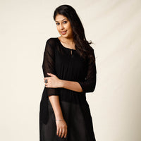 Black - Mulmalai Cotton Plain Dyed A-Line Long Kurta 32