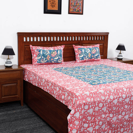 Red - Sanganeri Block Printed Patchwork Cotton Bed Cover With Pillow Cover  (108 x 90 in)