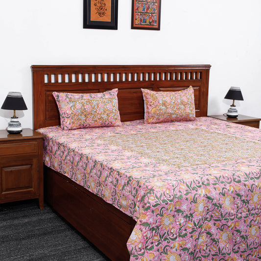 Pink - Sanganeri Block Printed Patchwork Cotton Bed Cover With Pillow Cover  (108 x 90 in)