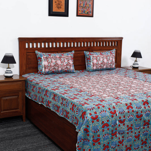 Blue - Sanganeri Block Printed Patchwork Cotton Bed Cover With Pillow Cover  (108 x 90 in)