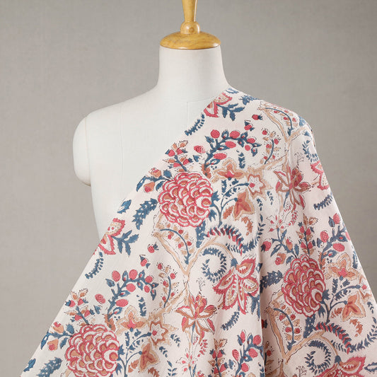 Multicolor - Cabbage Rose Buti Sanganeri Block Printed Cotton Fabric 02